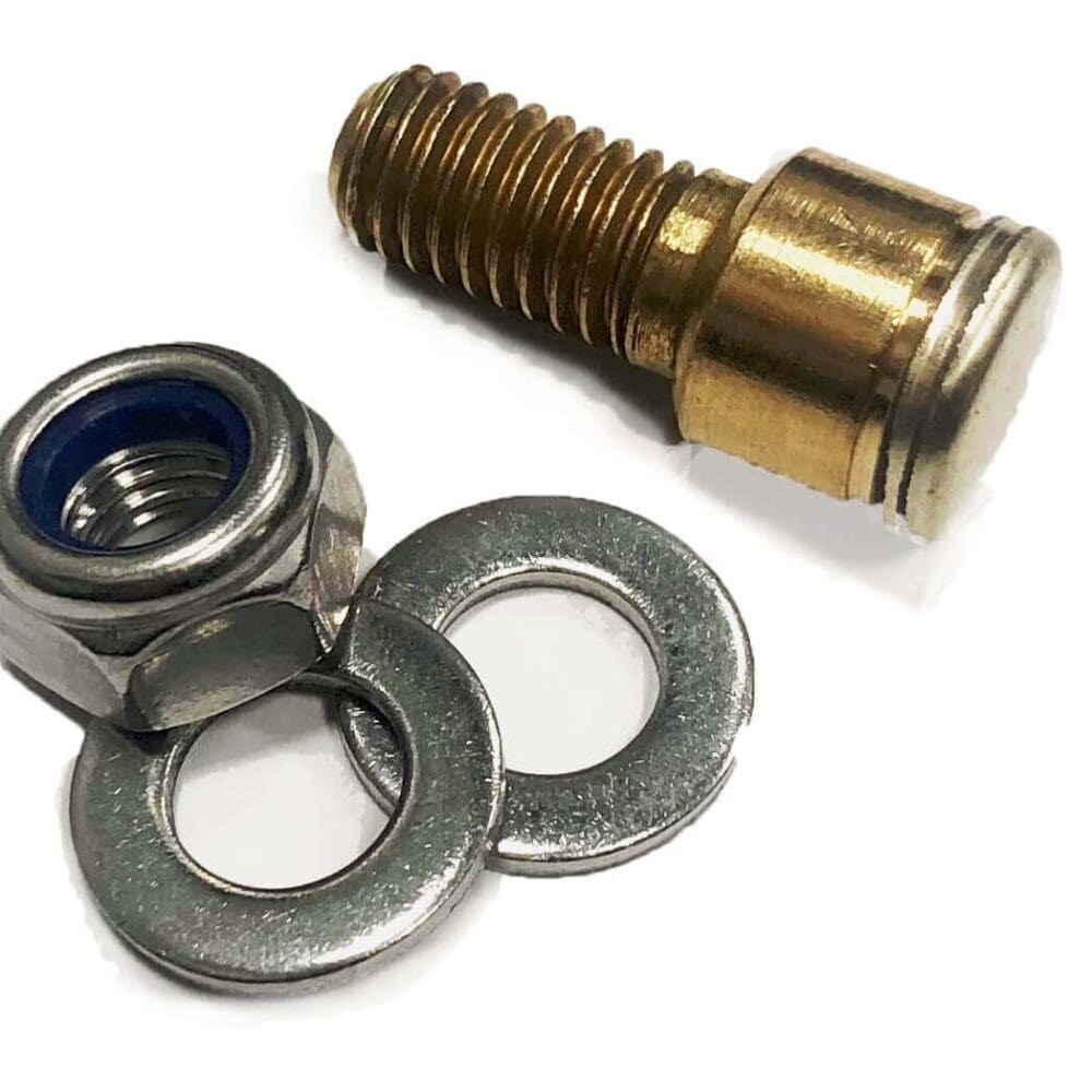 Brass shoulder bolt with nylock nut and washers