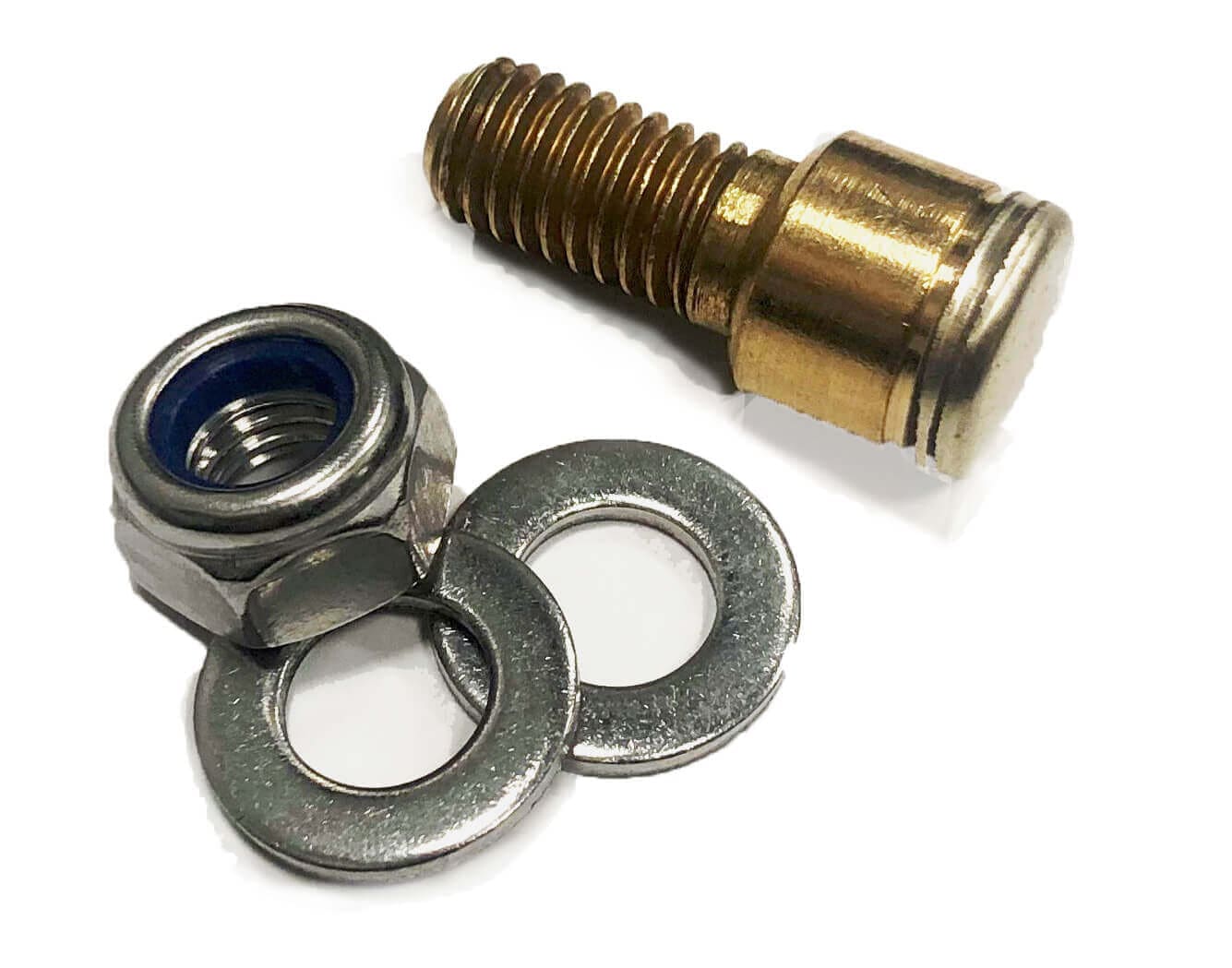 Brass shoulder bolt with nylock nut and washers