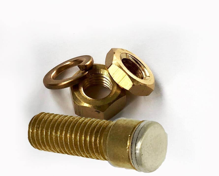 Brass threaded bolt with nuts and washer