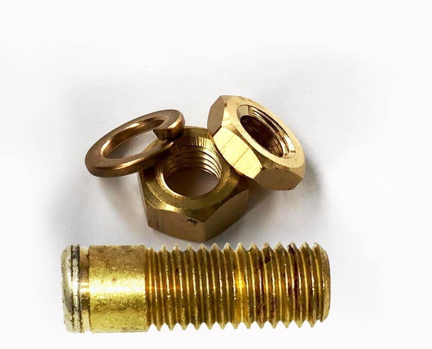 Brass threaded bolt with hex nuts and washer