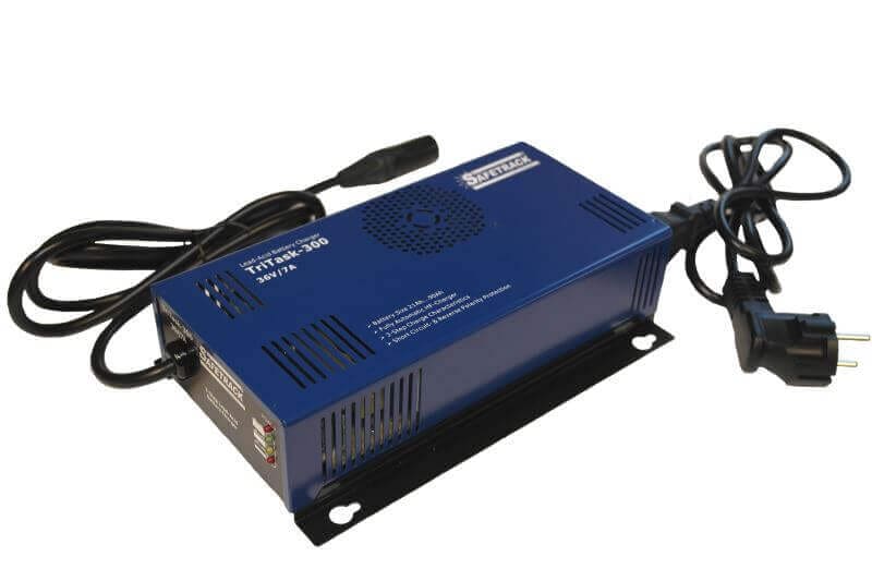 Blue power inverter with cords and plug
