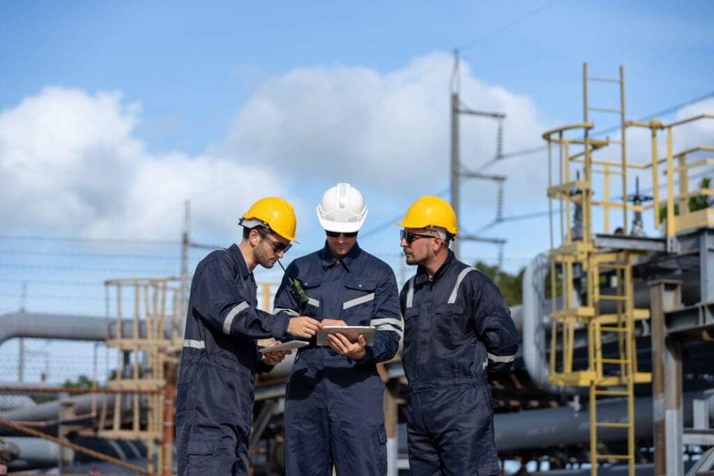 Industrial workers in hard hats reviewing plans