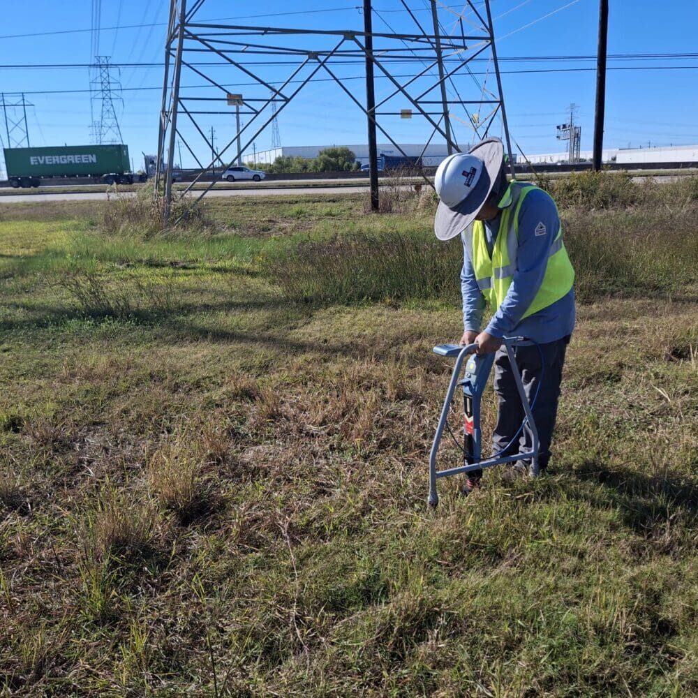 Utility worker scanning ground near power lines