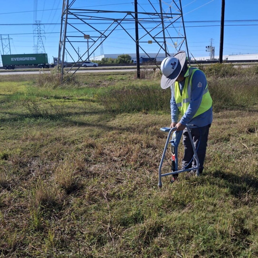 Utility worker scanning ground near power lines
